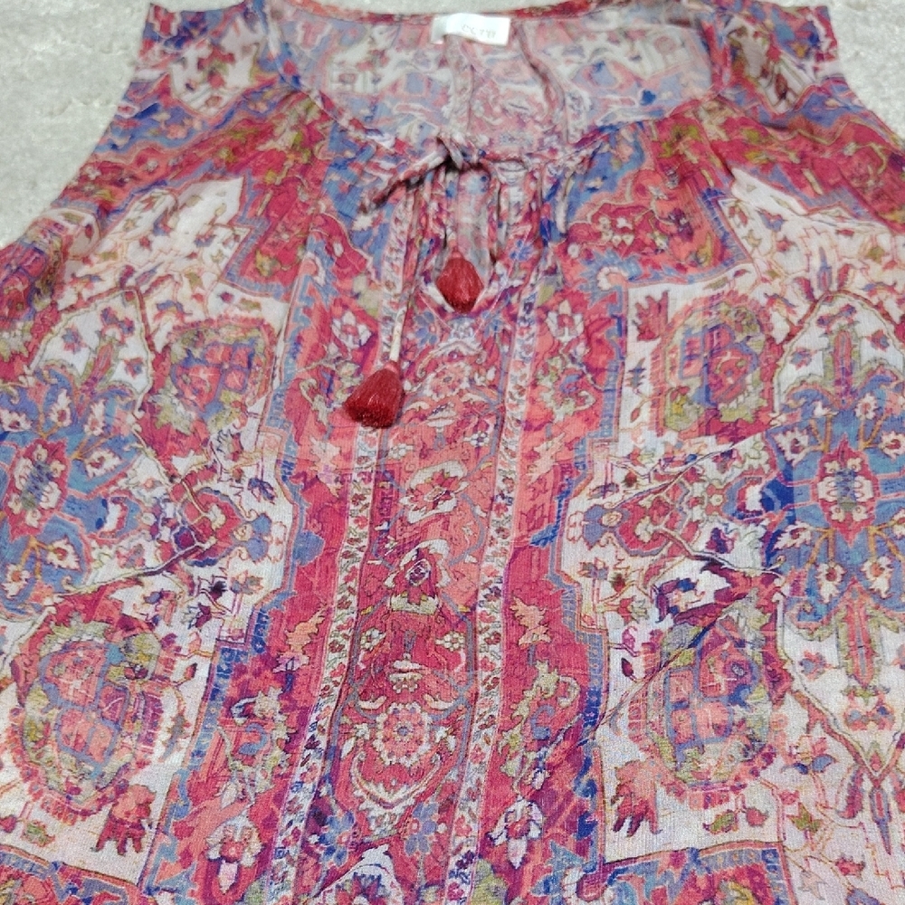 Ecru Pink Paisley Medallion Sleeveless Boho Blouse with Tassel Tie Neck - Picture 3 of 4